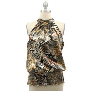 Cache Vintage Y2K Gold Black Metallic Tie Neck Sleeveless Halter Blouse Top M